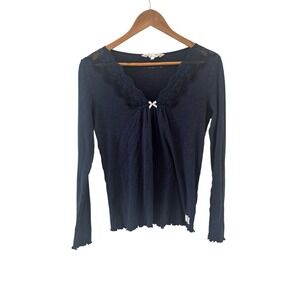 Odd Molly Lace Trim Top Womens Size 2/M Navy Blue Feminine Y2K V Neck
